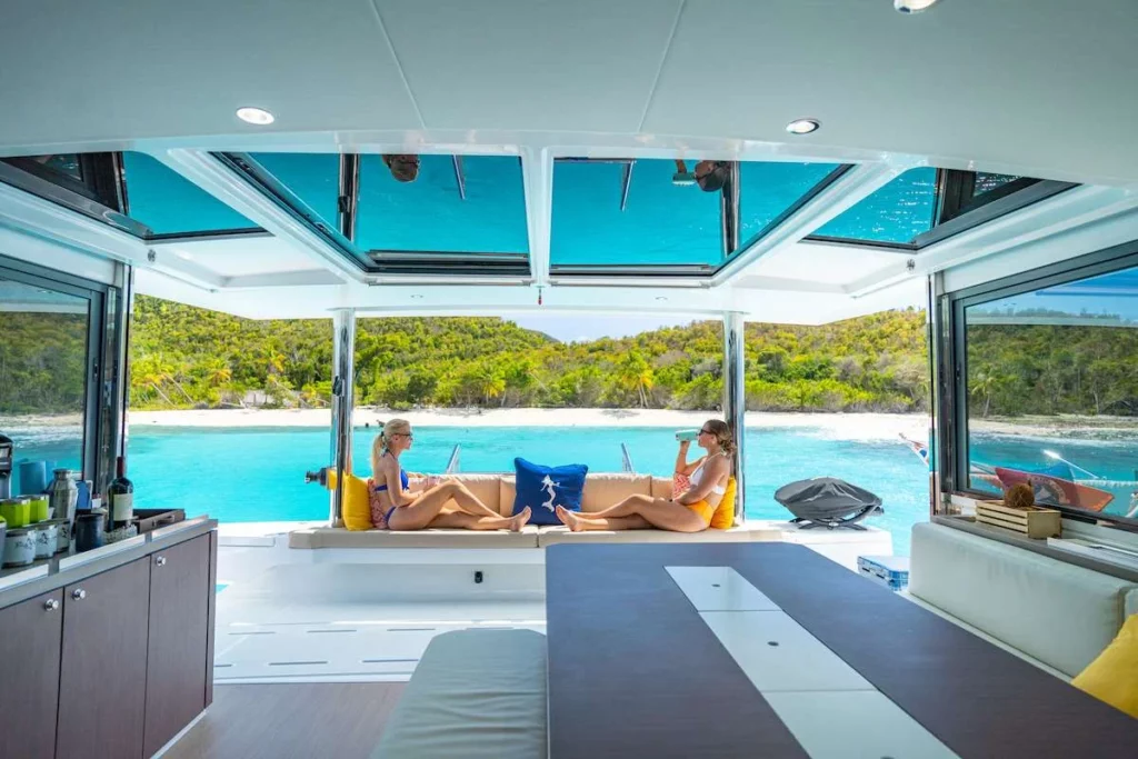 Experience the spacious lounging area on the USVI yacht charter Big Nauti.