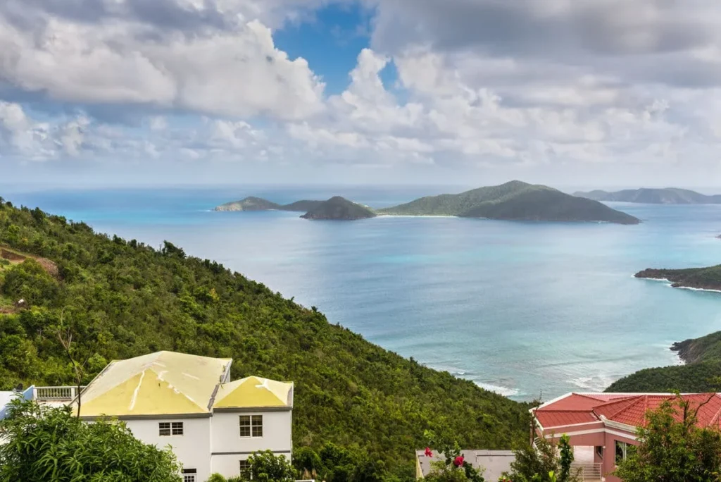 A view over the rooftops of Tortola towards the islands of Guana, Great Camanoe, and Scrub